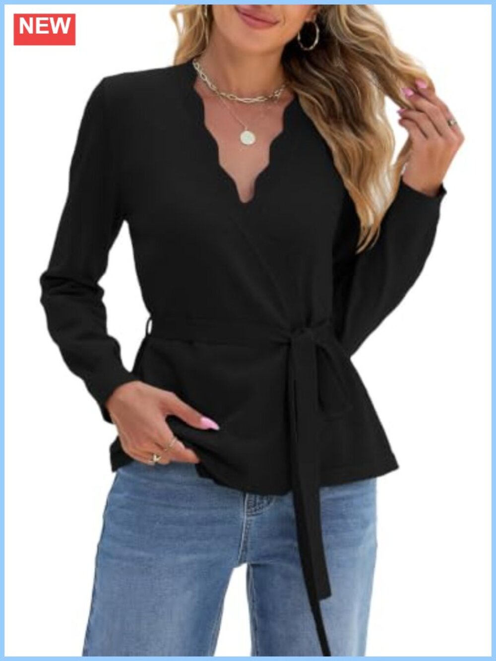 Sidefeel Women's Long Sleeve Wave V-Neck Cardigan Sweater with Self Tie Belt